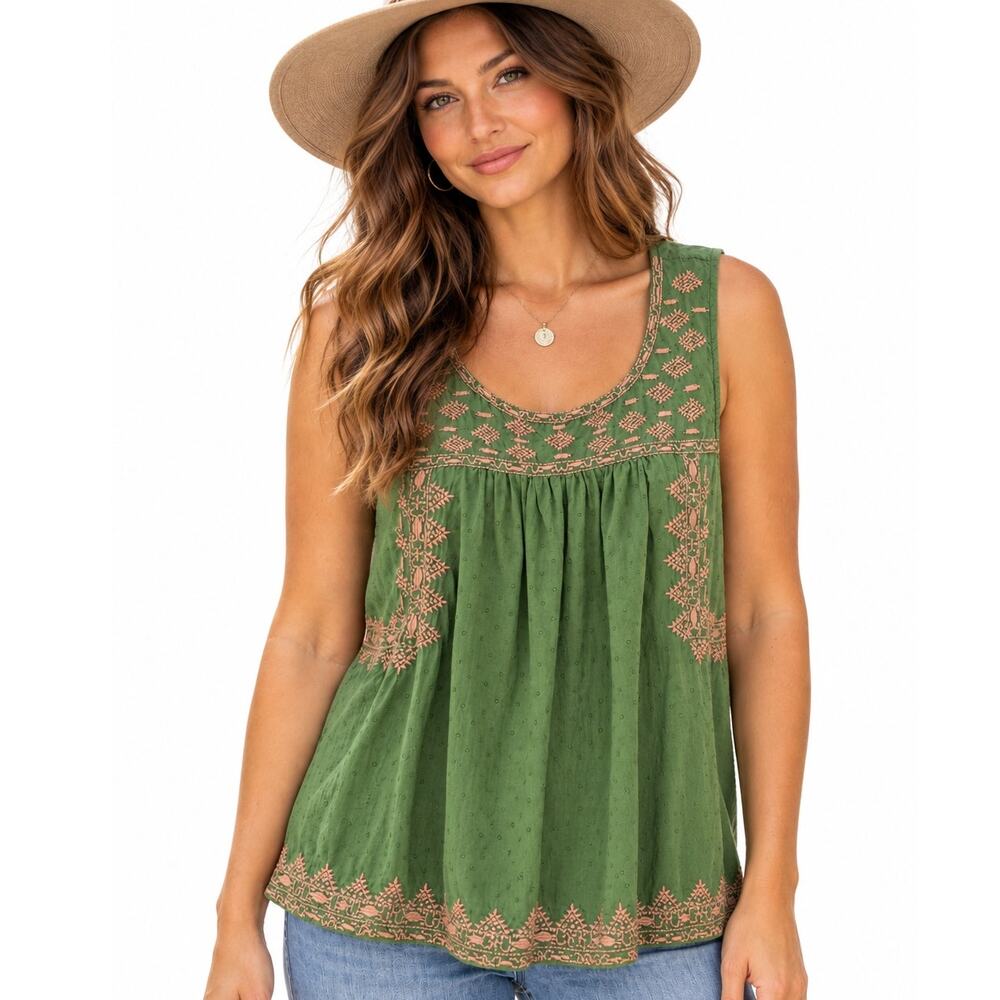 Sundance Amala Tank Womens Large Green Embroidered Voile Aztec Western Top